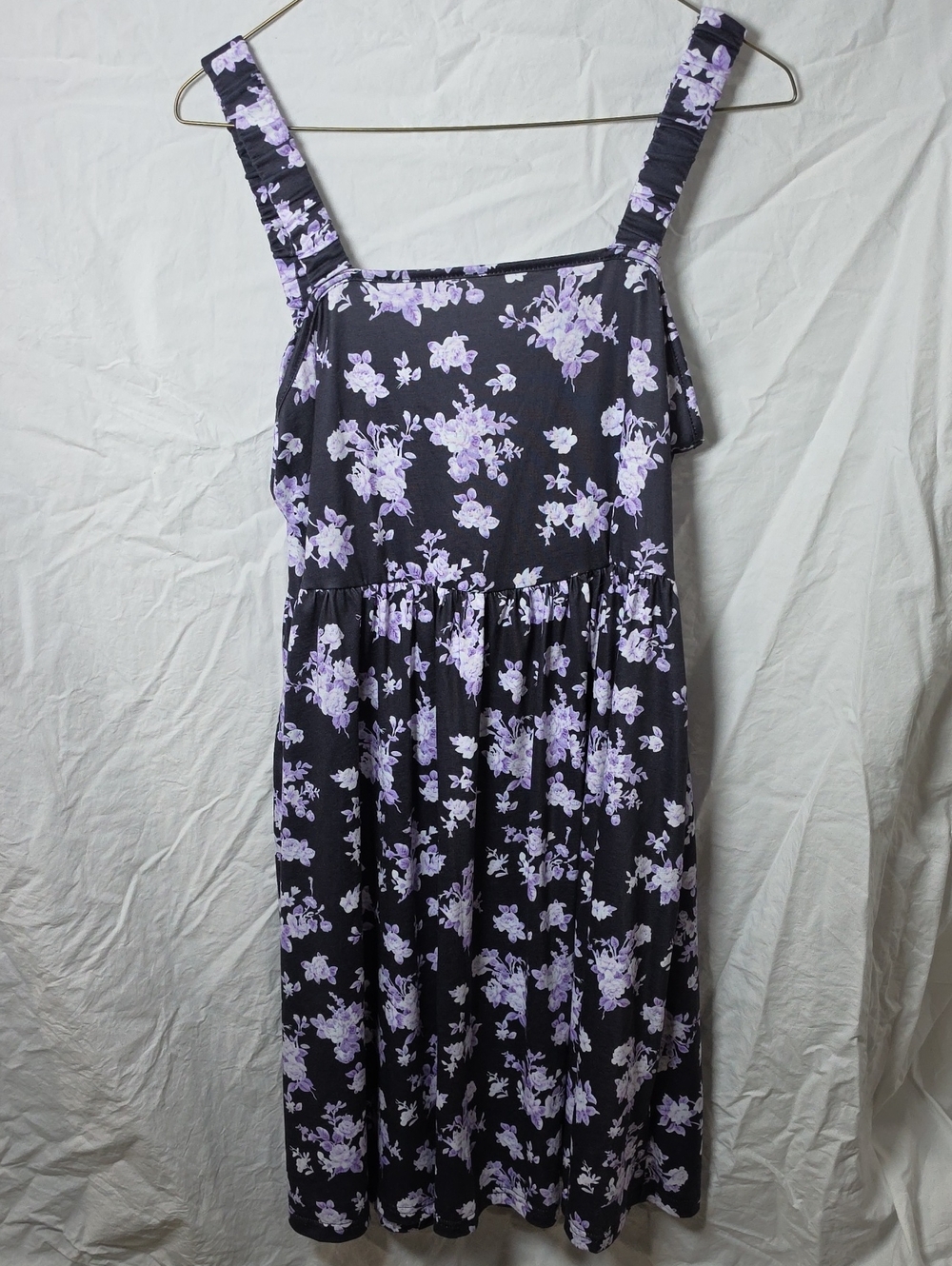 Sleeveless Black Floral Midi Dress with Purple Blossom Print